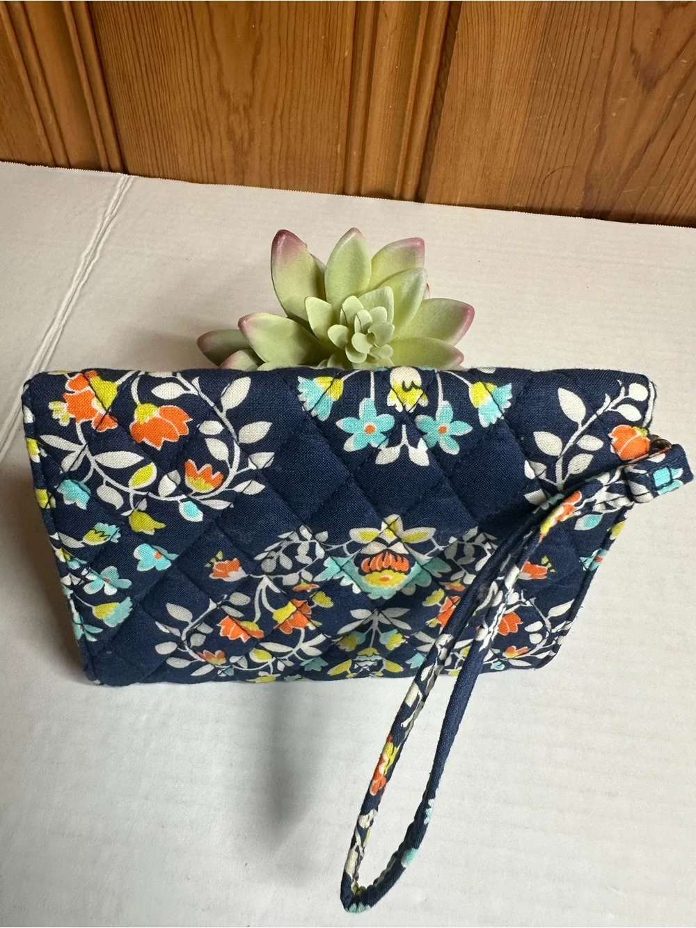Vera Bradley Navy Quilted Floral Wristlet Wallet with Orange & Aqua Accents